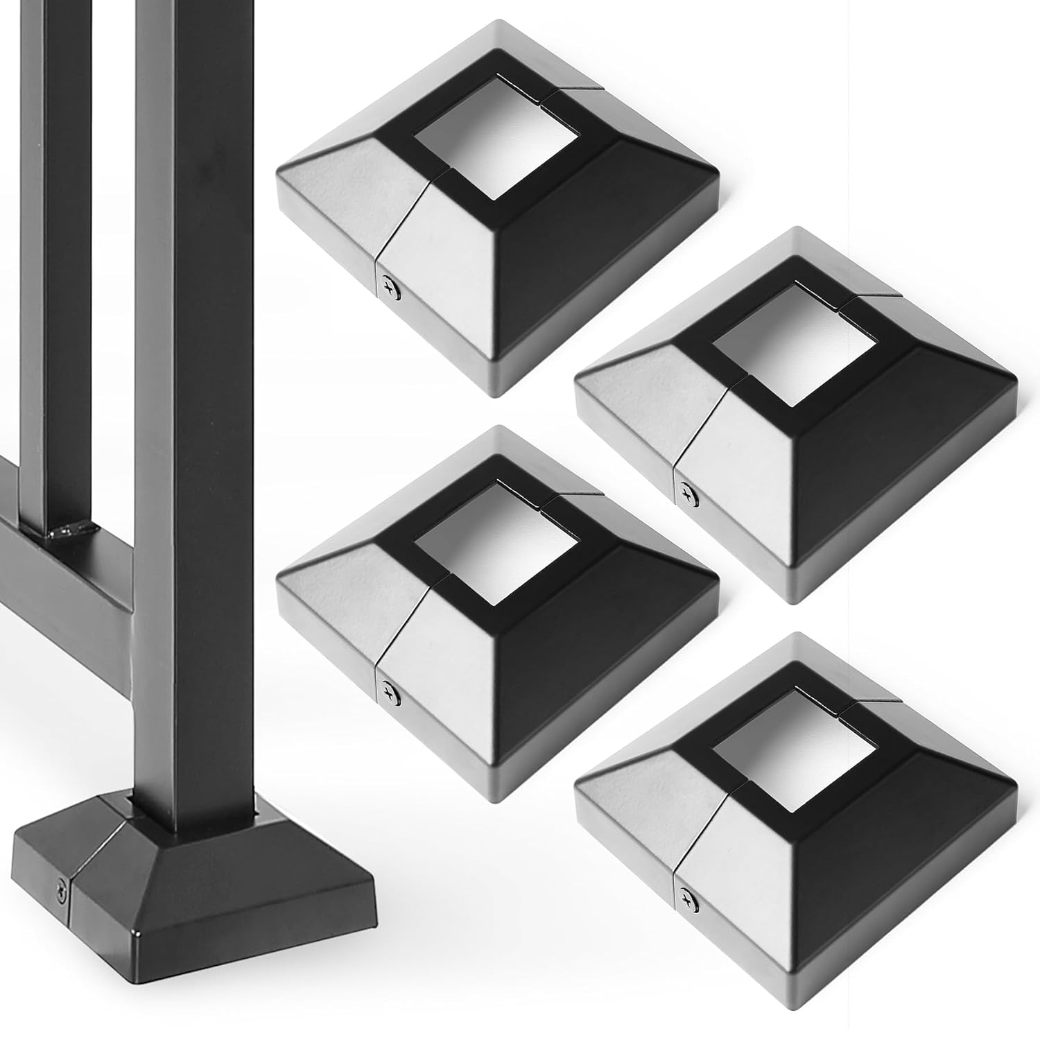 4Pcs 1.5" (1.5" Post/4" Base) Aluminum Post Base Cover, Suitable for Iron Stair railings, Balcony railings, Post Skirt Covers (Black)