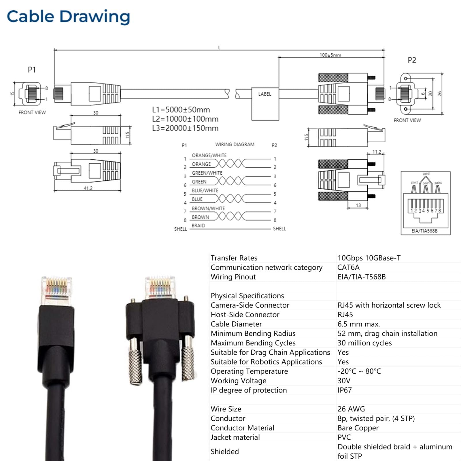 HangTon Cavo Gigabit Ethernet GigE CAT6A per Allied Vision Basler Baumer Cognex Dalsa HikRobot iDS Jai Imaging Camera a PC Vision System PC, bloccaggio orizzontale a RJ45, catena di trascinamento, PVC