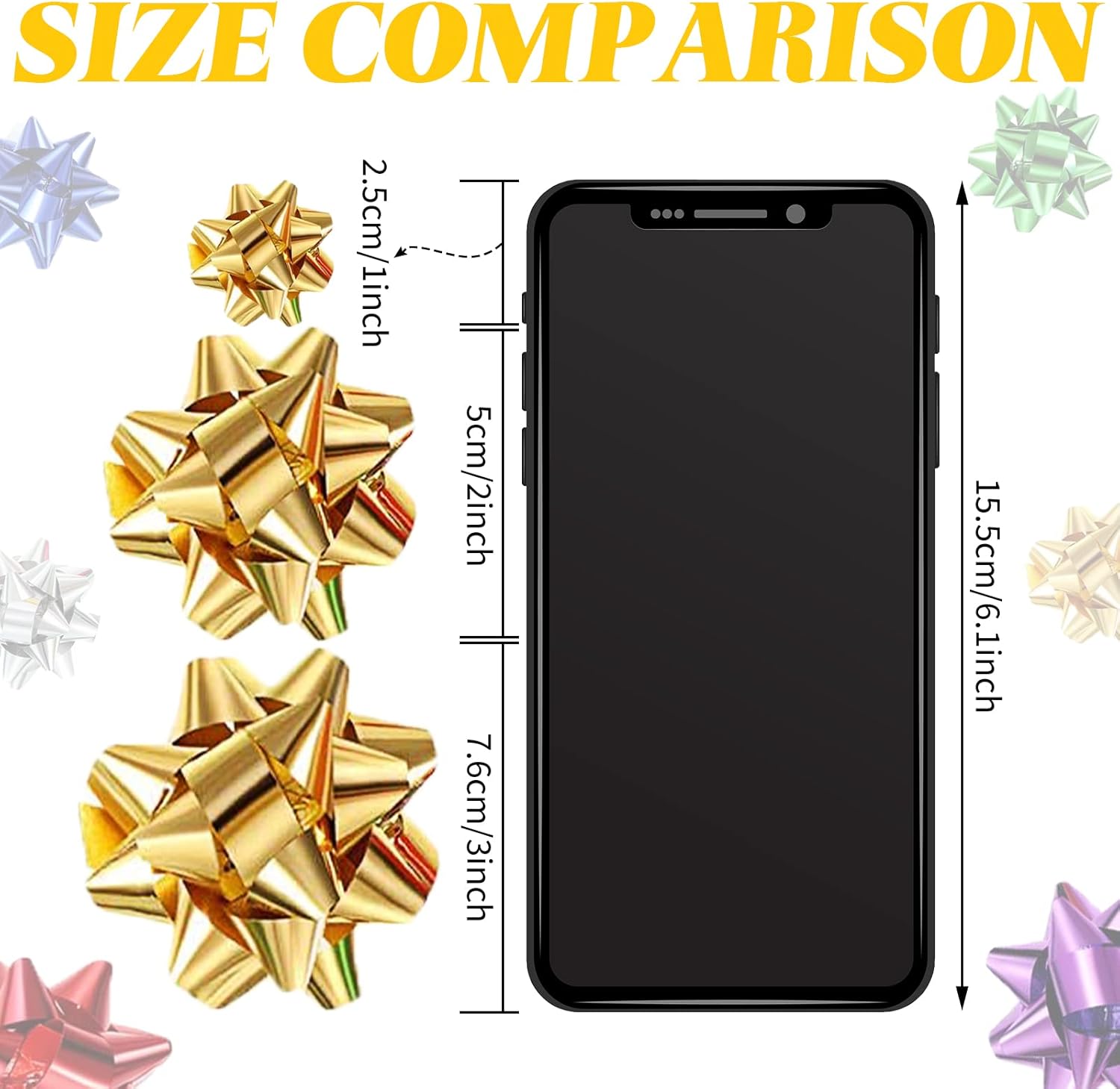 Tatuo 130 Pcs Christmas Wrap Gift Bows Christmas Metallic Bows 3 Sizes for Gift Wrapping Self Adhesive 7 Color for Decorating Presents(Glossy Finish,Multi Color)