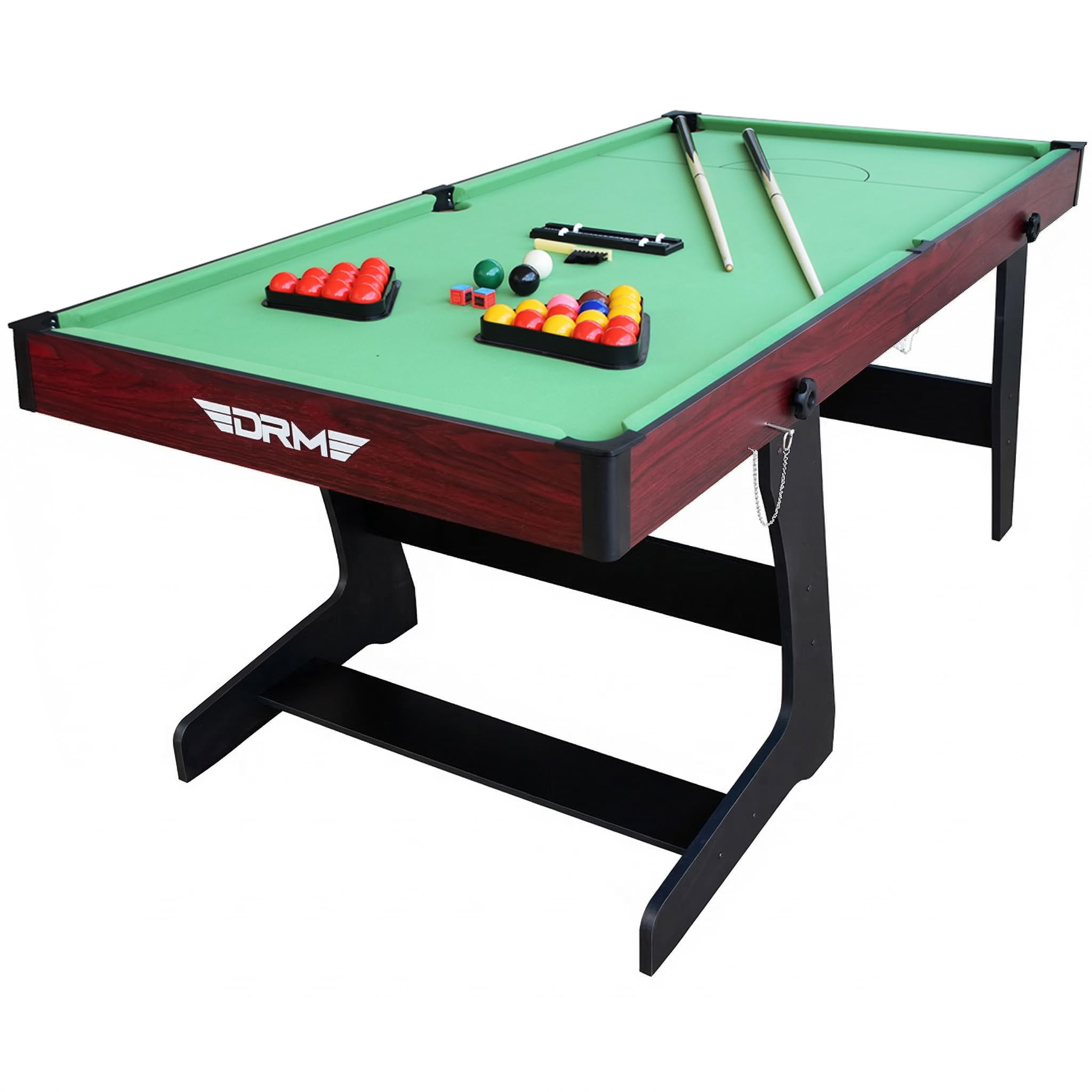 DRM Folding Pool Billiards Table with Accessories, Space Saving Family Leisure Game Table Set, Supplied with Snooker & Pool Balls & 2 x Cues