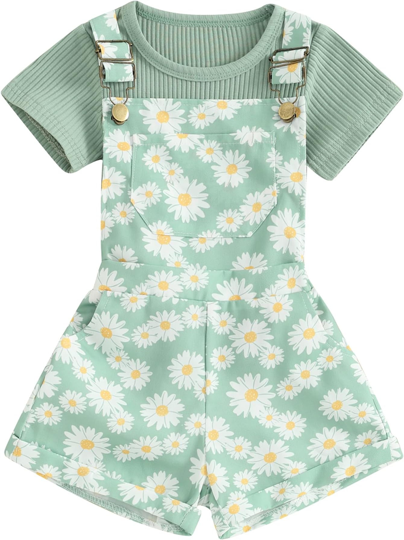 ZZLBUF Toddler Baby Girl Overalls Romper Outfit Kids Ruffle Sleeve Tops T-Shirt + Floral Suspender Pocket Shorts Clothes Set