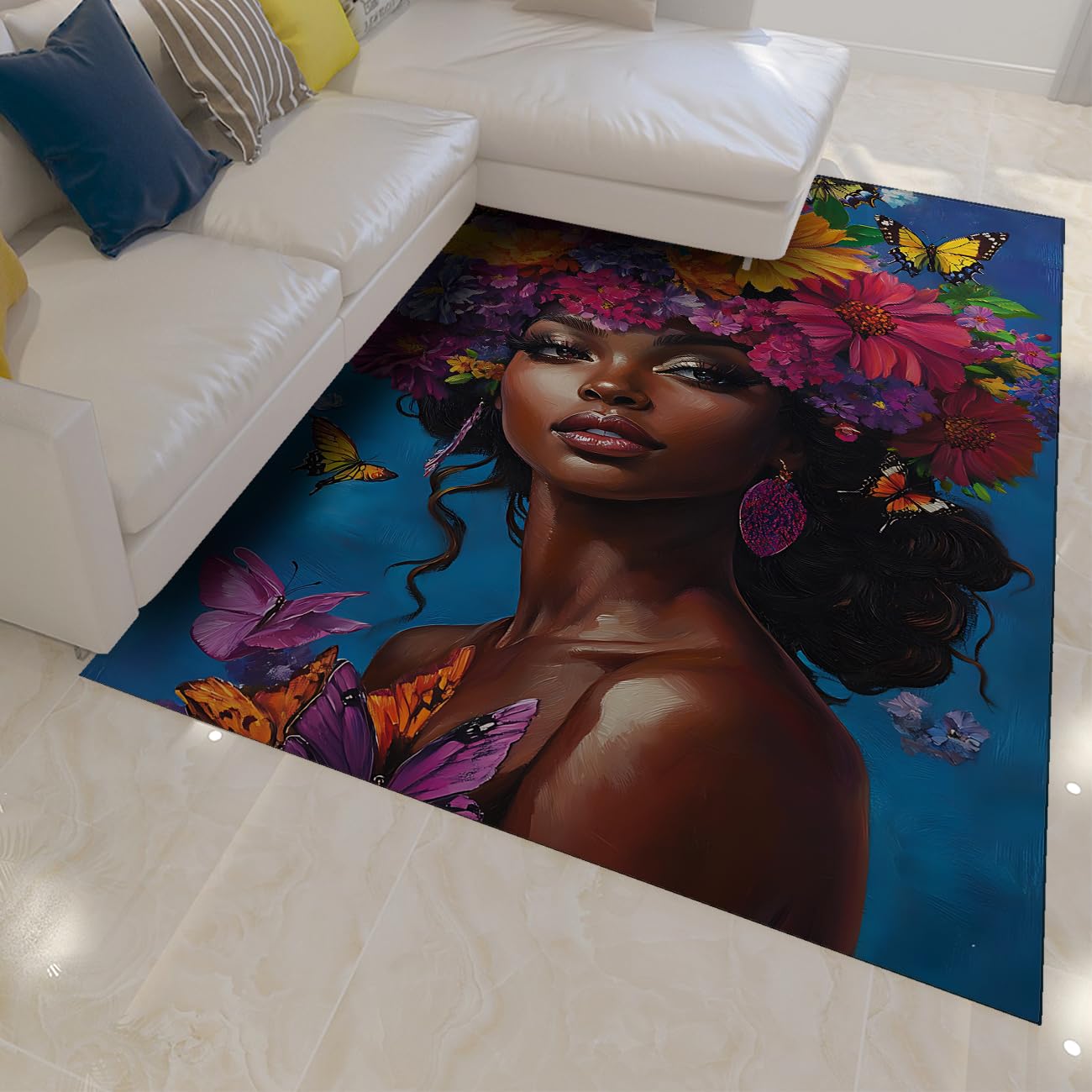 Afroamerykanie czarne dywany do sypialni kwiatowy motyl zmywalny niebieski dywan antypoślizgowy dywan podłogi niski stos dywan wystrój domu 120x170cm