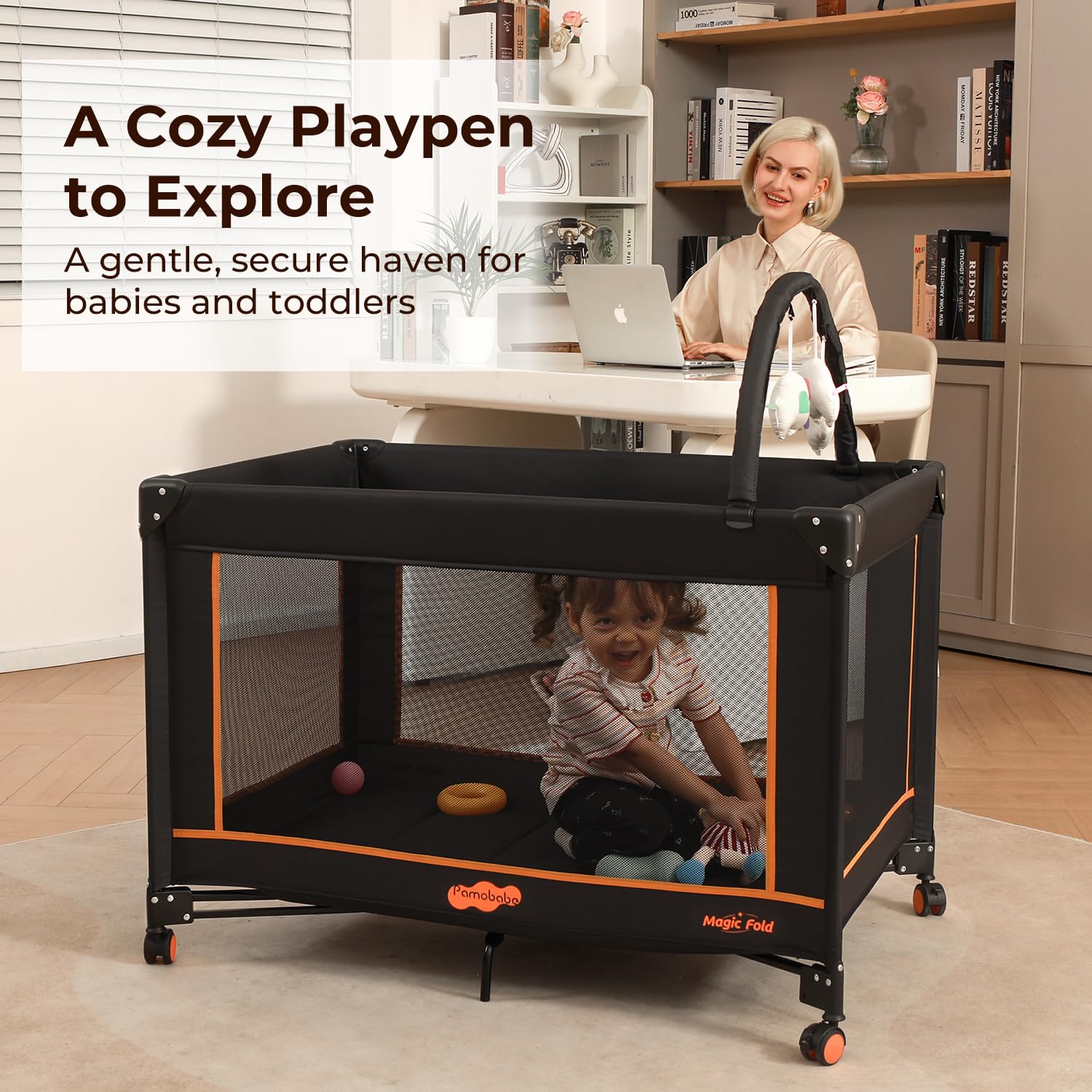 Pamo Babe Pack and Play - Travel Crib with Mattress, Easy Setup Small Portable Playpen for Babies, Lightweight Foldable Baby Playard with Lockable Wheels, Toy Arch & Large Storage Bag - Black image 5