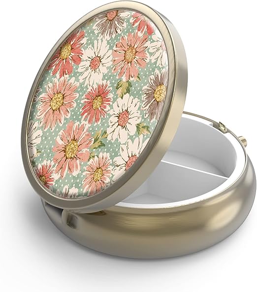 Pill Case Pill Box with Mirror Retro 3 Compartment Small Pill Case for