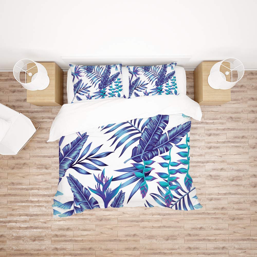 Housse de couette bleu ciel sans repassage parure de lit queen size feuilles tropicales polyester