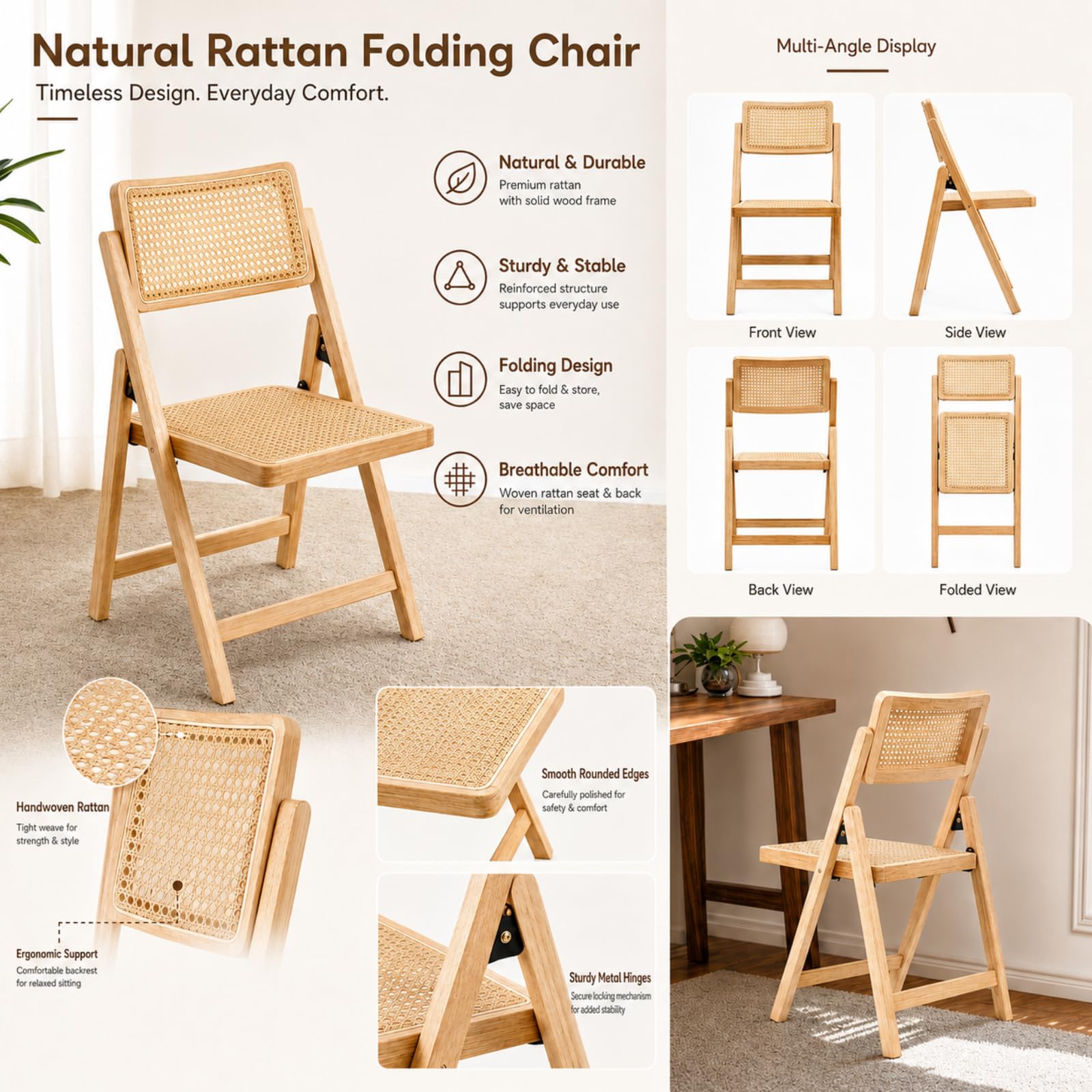 Clevich Klappbarer Esszimmerstuhl aus Kautschukholz mit Wiener Geflecht – Vintage Rattan Stuhl klappbar bis 150kg Belastbarkeit – Platzsparender Küchenstuhl und Balkonstuhl für Ihr Zuhause, 1pc