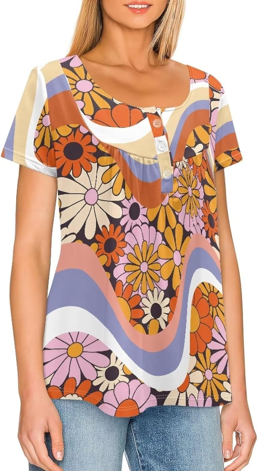 Rose Tunic Tops for Women Blue Rose Short Sleeve Flare T-Shirts Rose Flowers V-Neck Button Up Pleated Top - Image 3