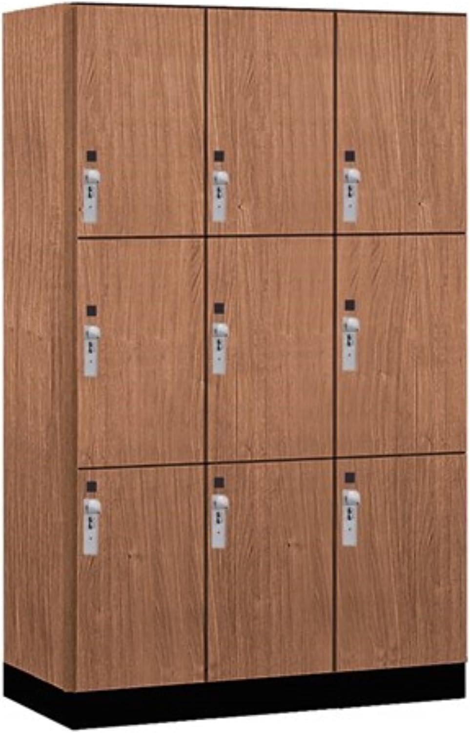 Salsbury 15" Wide Premier Wood Locker-Triple Tier-3 Wide-6 Feet High-21 Deep-Red Oak-Silver Hasps