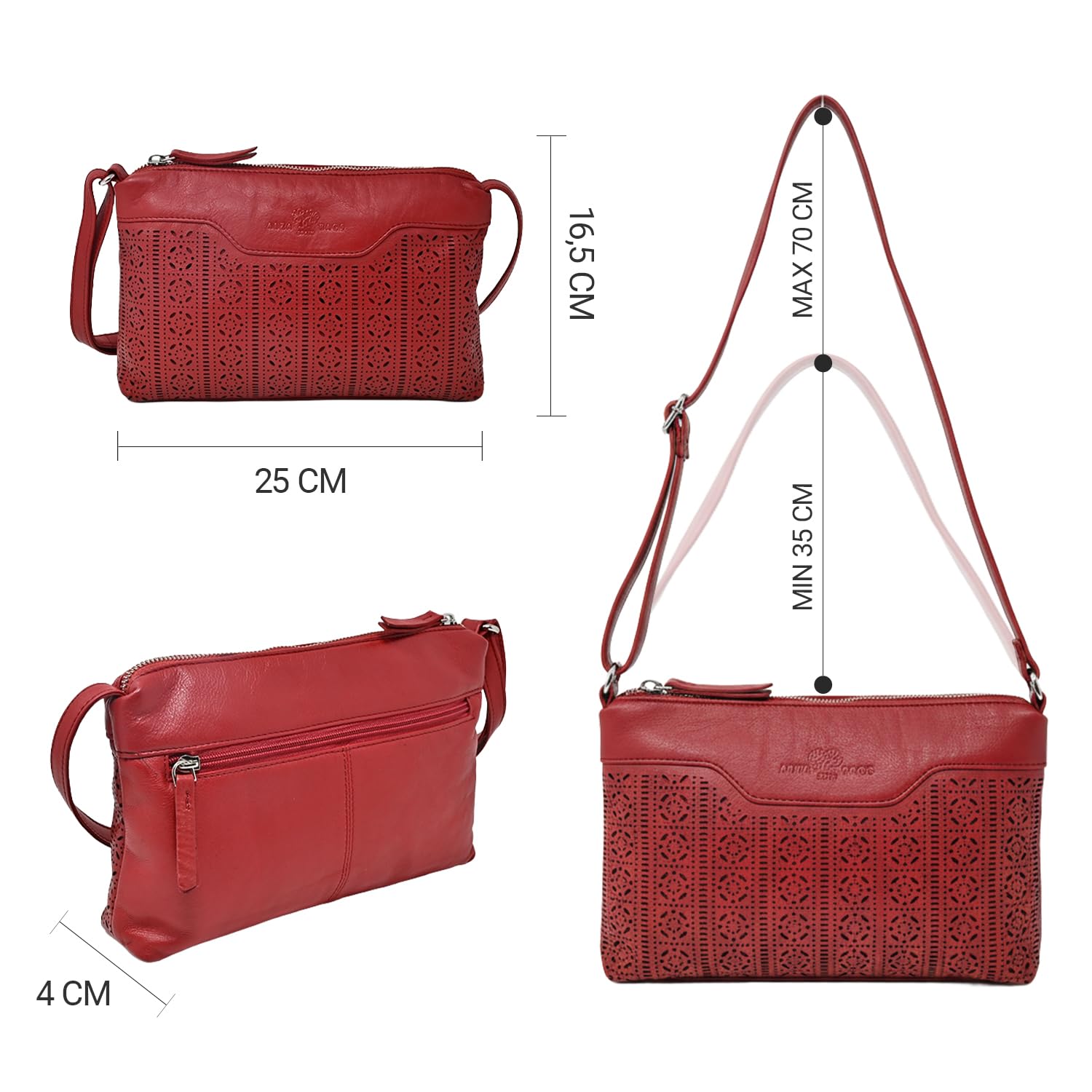 Laura Valle Bolso Bandolera Mujer Pequeño Modelo Belma – Bolso Piel Auténtica Mujer Con Filigrana Repujada, Cremalleras Seguras y Diseño Compacto Elegante Para El Día A Día
