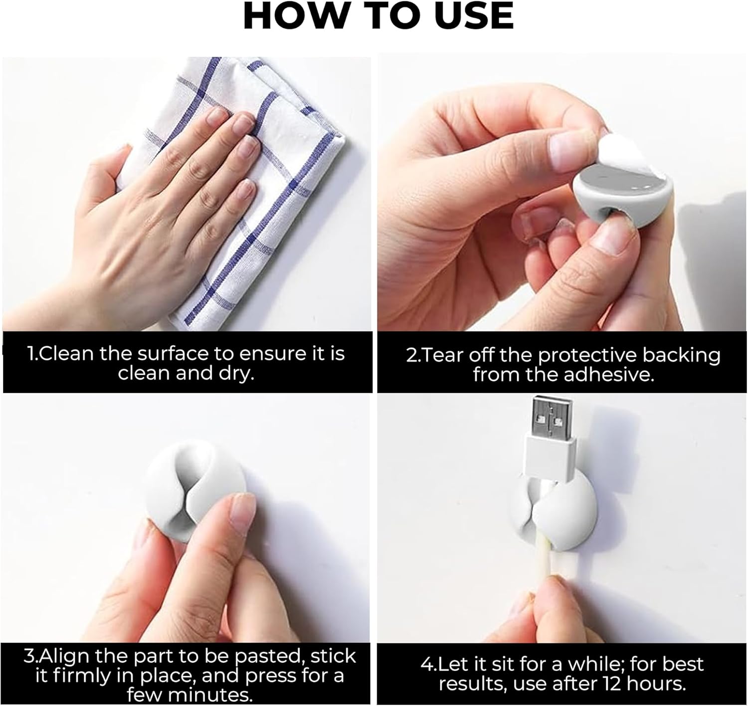 12 Pack White Cable Organizer Clips - Cord Holder for Desk Charger & Nightstand Home Lighting Accessory