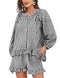 Women Gingham 2 Piece Pajama Sets Y2K Plaid Ruffle Short Sets Raglan Sleeve Shirt Lounge Shorts Sleepwear with Pockets