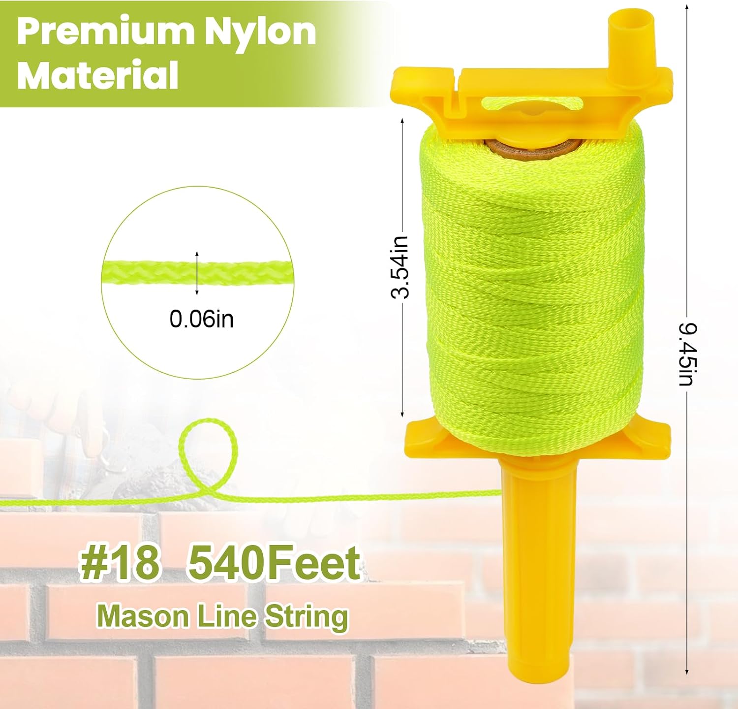 3 Pack Mason Line String, Twisted #18 540 Feet Braided Construction Nylon Line with Handle, Spool Fluorescent String Line for Precision Work, DIY, and Gardening Projects (Yellow Fluorescent)
