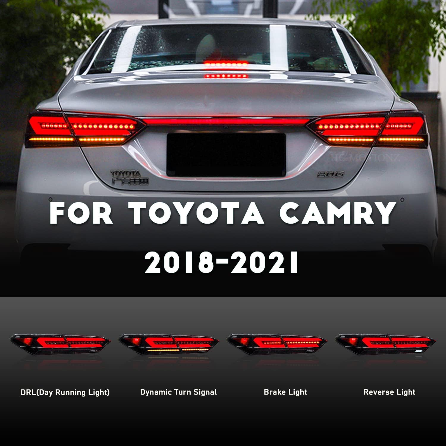 HCmotion LED Tail Lights Compatible for Toyota Camry 2018 2019 2020 2021 2022 Rear Lamps Smoked Assembly With Animation DRL & W/Sequential Turn lights (V4-Smoked with trunk)