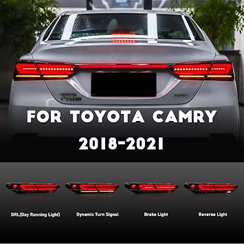 HCmotion LED Tail Lights Compatible for Toyota Camry 2018 2019 2020 2021 2022 Rear Lamps Smoked Assembly With Animation DRL & W/Sequential Turn lights (V4-Smoked with trunk)