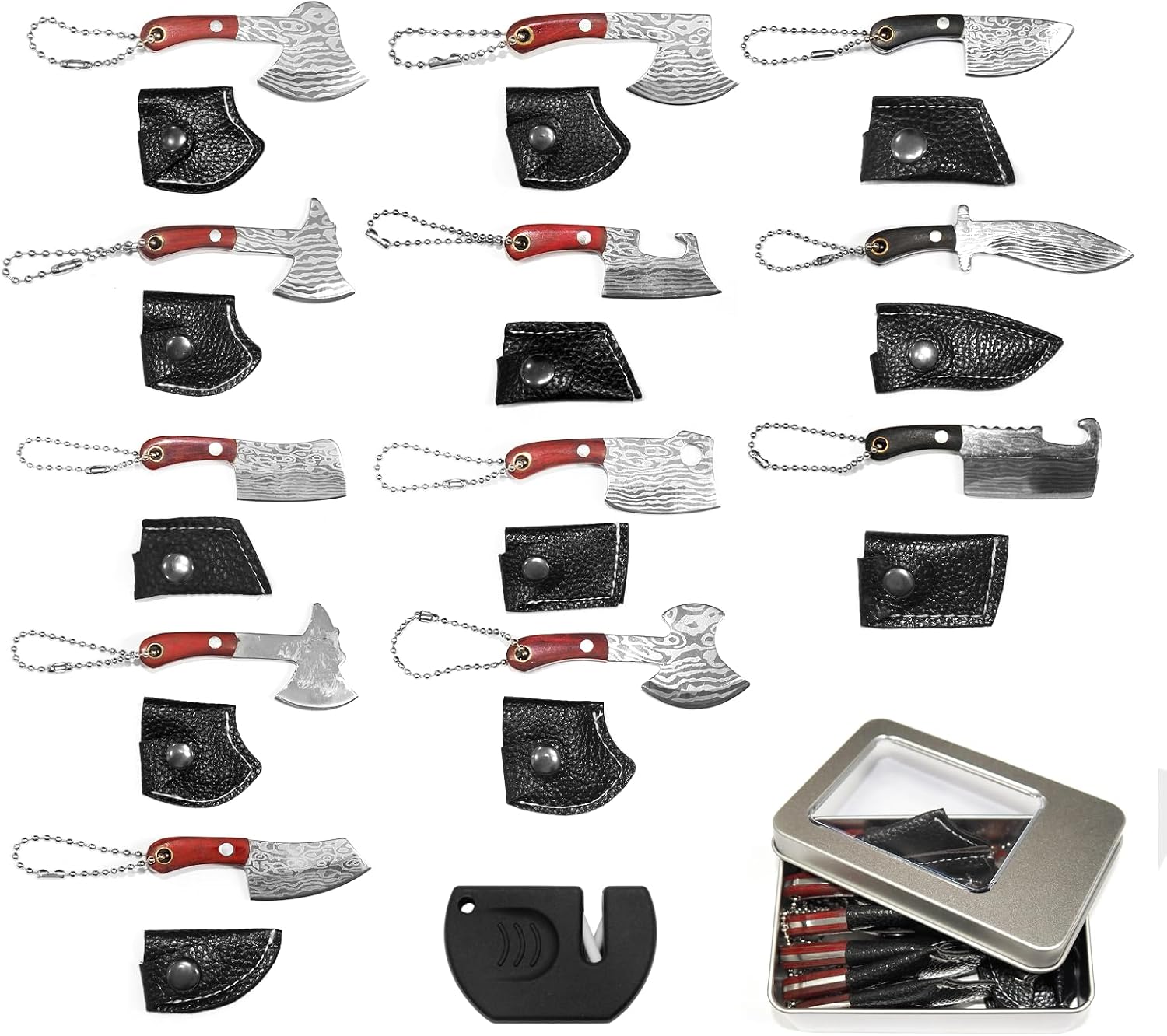 Mini Knife Set, Damascus Pocket Knife with Sharpener, Mini Chef EDC Knives, Tiny knife Cleaver Keychain with Sheath for Package Opener, Box Cutter, Letter Opener - Set of 13