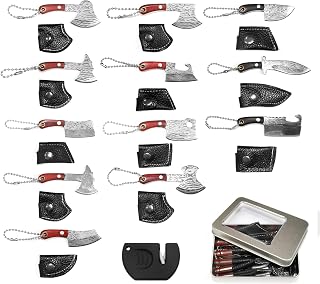 Mini Knife Set, Damascus Pocket Knife with Sharpener, Mini Chef EDC Knives, Tiny knife Cleaver Keychain with Sheath for Package Opener, Box Cutter, Letter Opener - Set of 13