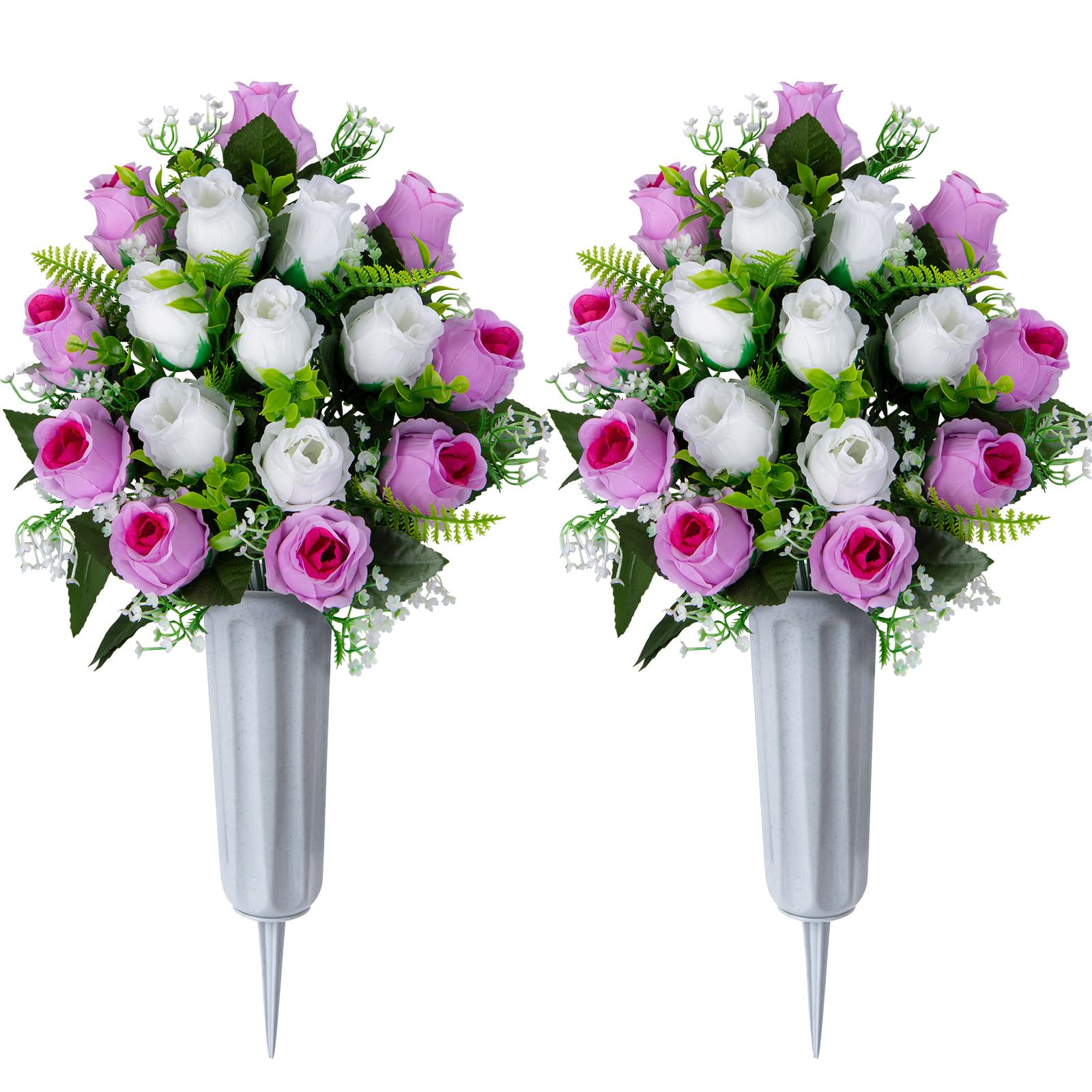SIFOEL Set of 2 Artificial Grave Memorial Flowers Cemetery Flowers Rose Bouquet with Vase for Cemetery Graveyard Headstones Decoration (Purple Pink&White)