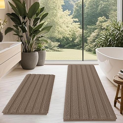 ACCUMTEK Juego de 2 tapetes de baño de felpilla ultra suaves, antideslizantes, de 24 x 17 pulgadas + 48 x 20 pulgadas, a rayas, color beige oscuro, disponible en Yaxa Guatemala