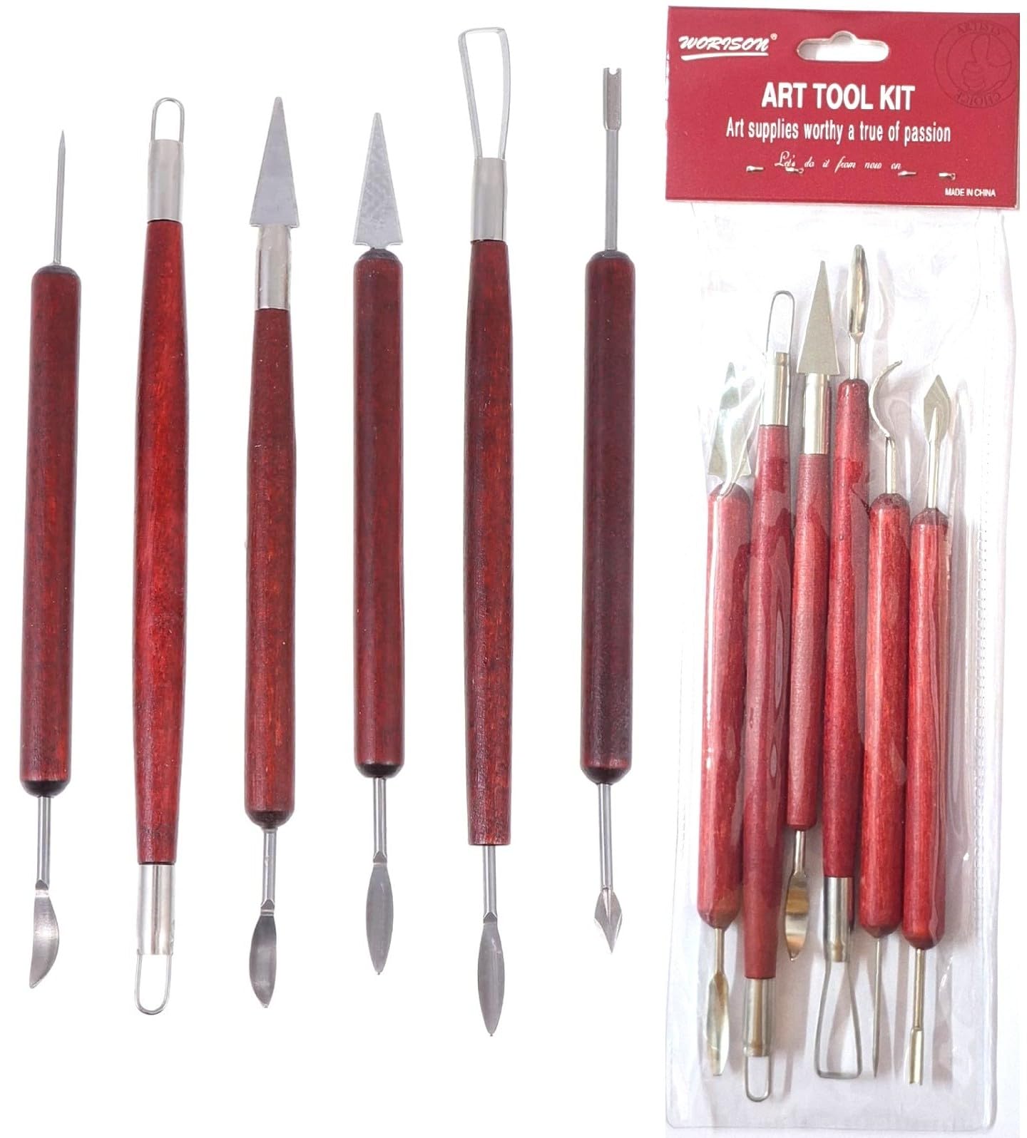worison 6 Piece Double-Ended Clay Sculpting Tools – Stainless Steel Tips with Wooden Handles, Pottery Tools for Carving, Embossing, Shaping & Detailing, Ideal for Clay, Ceramics and Craft Projects