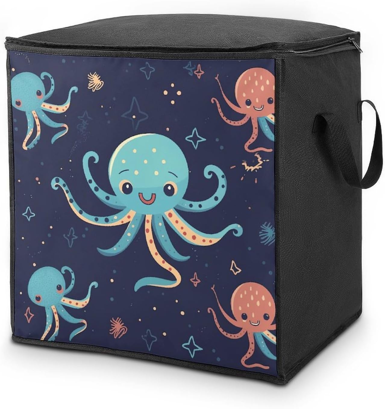 Cartoon Octopus Storage Bag with Zippers And Handle Extra Large Bedding Comforter Storage Bag Foldable Blanket Storage Bags Fabric Moving Bags for Closet Organizer (70L)