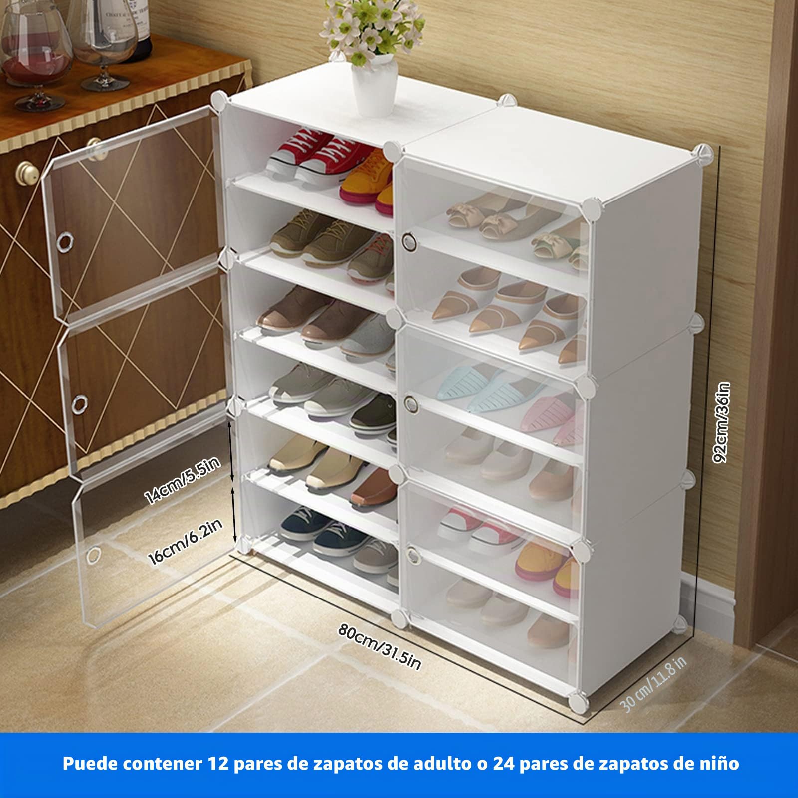 HOMCENT Zapatero con Puerta, Mueble Zapatos Vertical portátil expandibles para Dormitorio Sala de Estar, estantería Modular de plástico(2 x 6 Capas) (Blanco)