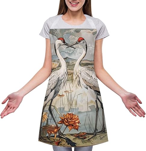 Miniatura 3 de MUSM Apron for Adults - 27.6 X 31.5 Inch, Heavy-Duty Polyester Aprons with Two Large Pockets, Waterproof Two Cranes Painting Kitchen Apron for