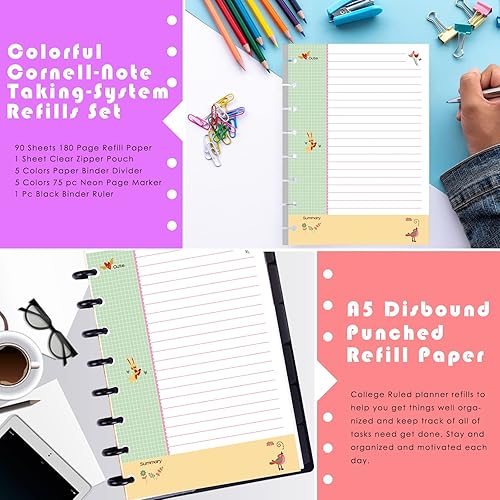 Miniatura 3 de Rancco Junior Cornell - Papel para cuaderno, 180 páginas, 8 anillas, insertos de papel de disco de media letra perforados con pestañas de índice,