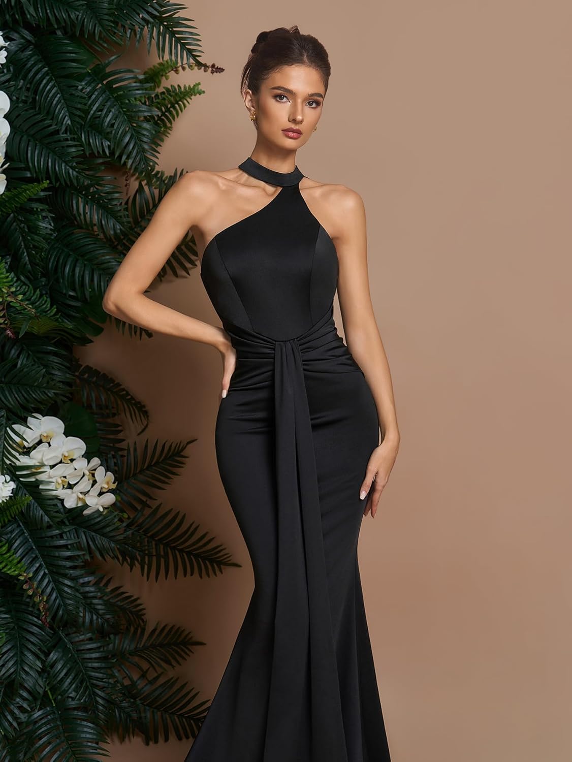 Women's Cocktail Dresses Elegant Black Satin Halter Neck Pleated Mermaid Evening Dresses for Wedding Guest - Image 2