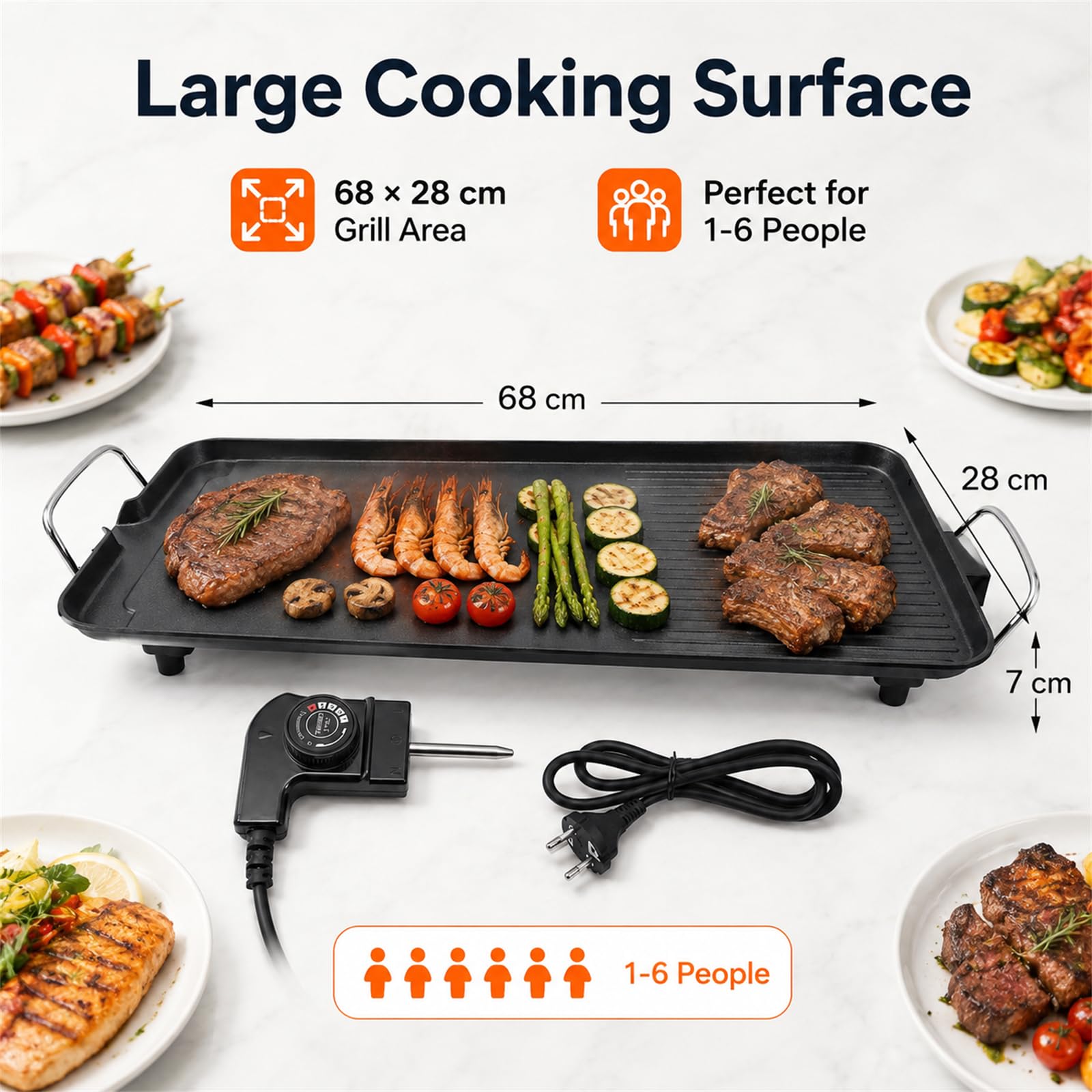 Teppanyaki - Griglia elettrica da tavolo con rivestimento antiaderente, superficie extra grande con beccuccio di raccolta dell'olio, per 1-6 persone, per esterni, campeggio, cortile, 68 x 28 cm