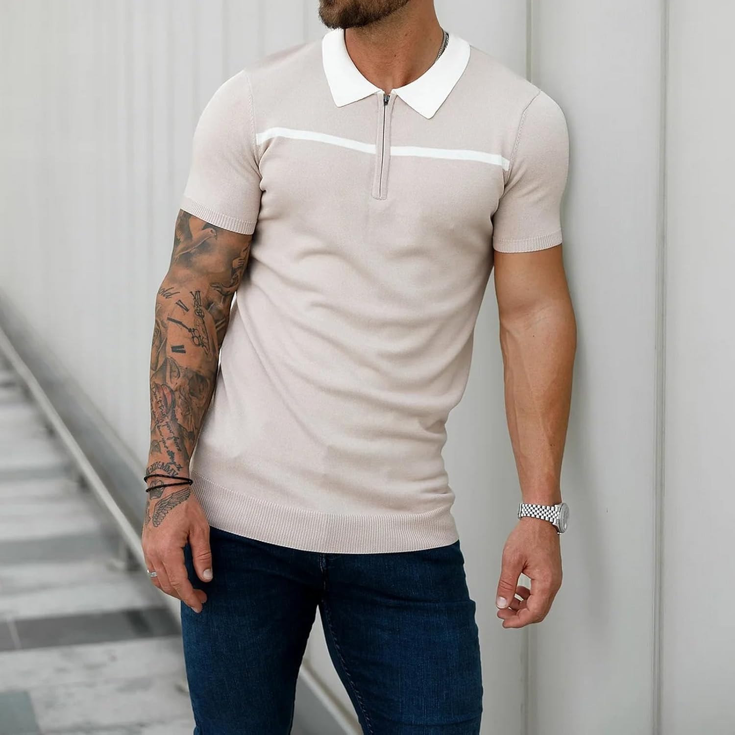Men's Fashion Polo Short Sleeve Shirts Vintage Striped Knitting T Shirts Casual Slim Fit Golf Top