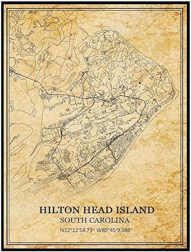TANOKCRS Hilton Head Island South Carolina USA America - Póster de pared vintage, mapa, obras de arte, viajes, recuerdo, decoración del hogar, 16 x