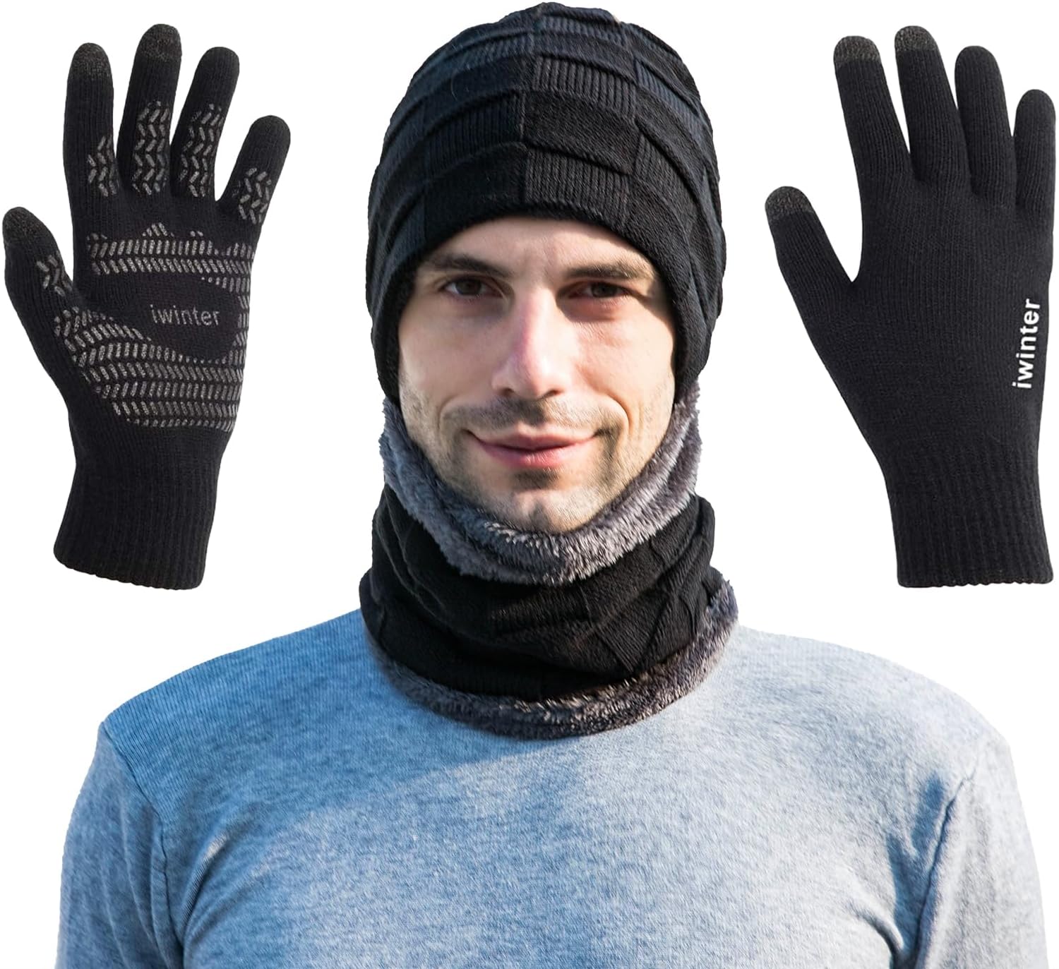 MAYLISACC Winter Beanie Hat Scarf and Touch Screen Gloves Set, Thermal Knit Cap Neck Warmer with Glove for Men Women