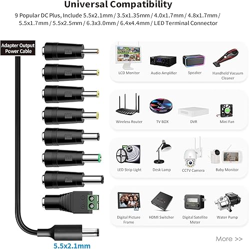Miniatura 6 de Tonton Cable adaptador de fuente de alimentación de 12 V, 1 A, 10 pies, cable adaptador de fuente de alimentación de 12 W, cargador de pared CA