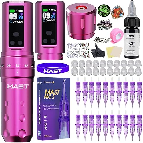 Mast Fold2 Pro Tattoo Kit, Cordless Complete Tattoo Gun Machine Kit, 2 Batteries 2000mAh Power Supply for Long Time, Needles Cartridges Black Tattoo Ink Kit Pink Color
