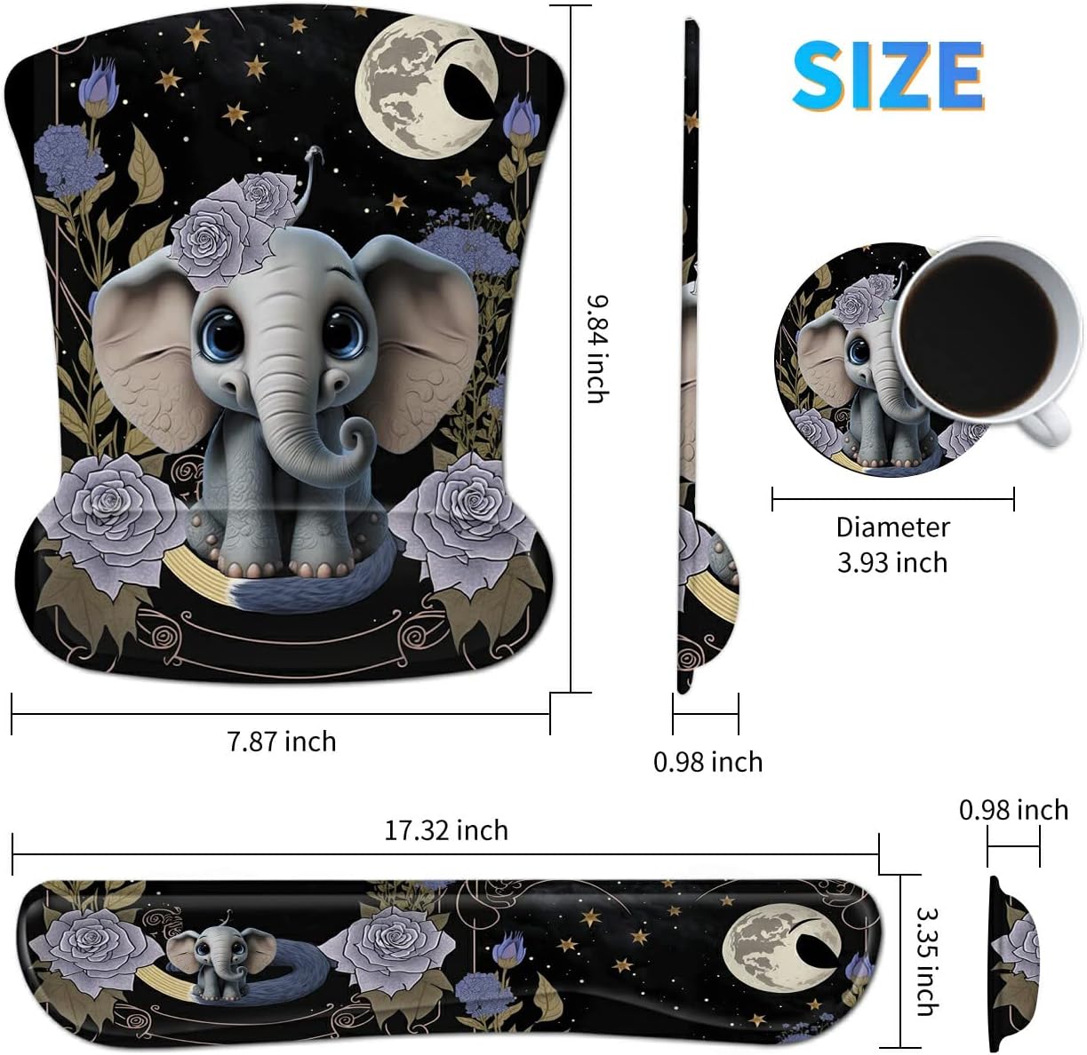 Ergonomic Mouse Pad with Wrist Support Gel Mouse Pads and Upgrade Keyboard Wrist Rest Pad Set, Coasters Non-Slip PU Base Mouse Mat for Office Gaming Computer Laptop Home, Flower Elephant