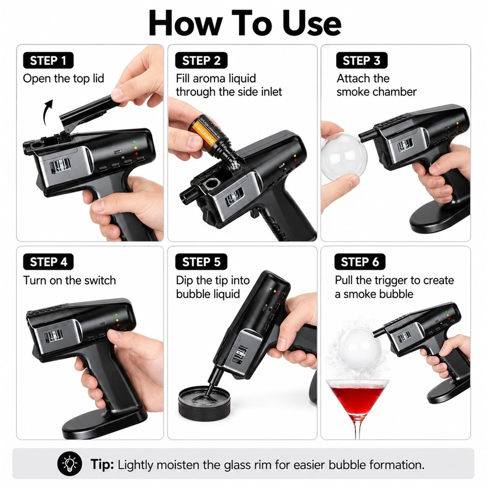 Ahumador de Cócteles Eléctrico Pistola de Burbujas de Humo Comestibles Kit para Bebidas y Comida Herramienta Profesional de Barman y Cocina para Gin Tonic y BBQ