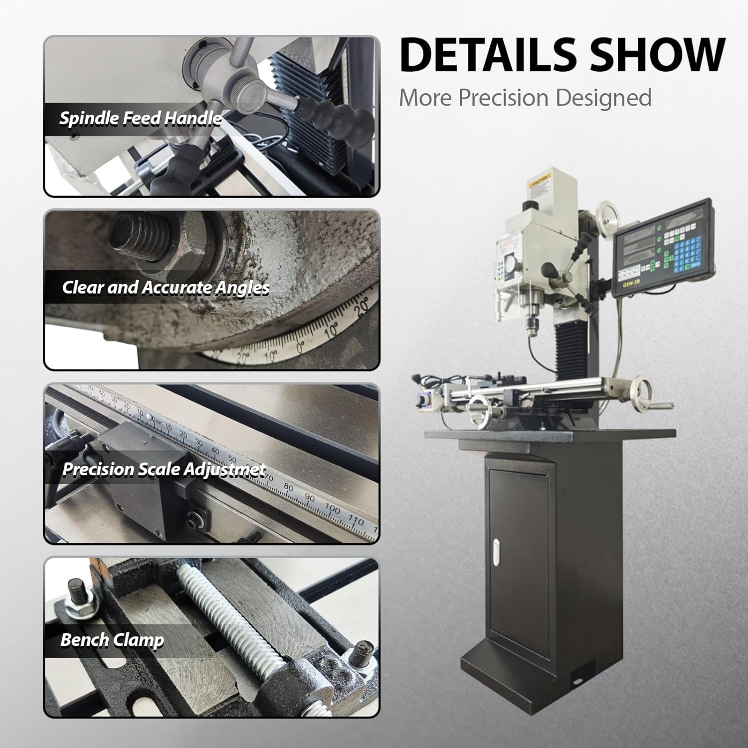 1100W Benchtop Milling Drilling Machine R8 Taper 27"×7" Workbench 50-2250RPM with Axis X Power Feed/Three-axis Grating Ruler 110V