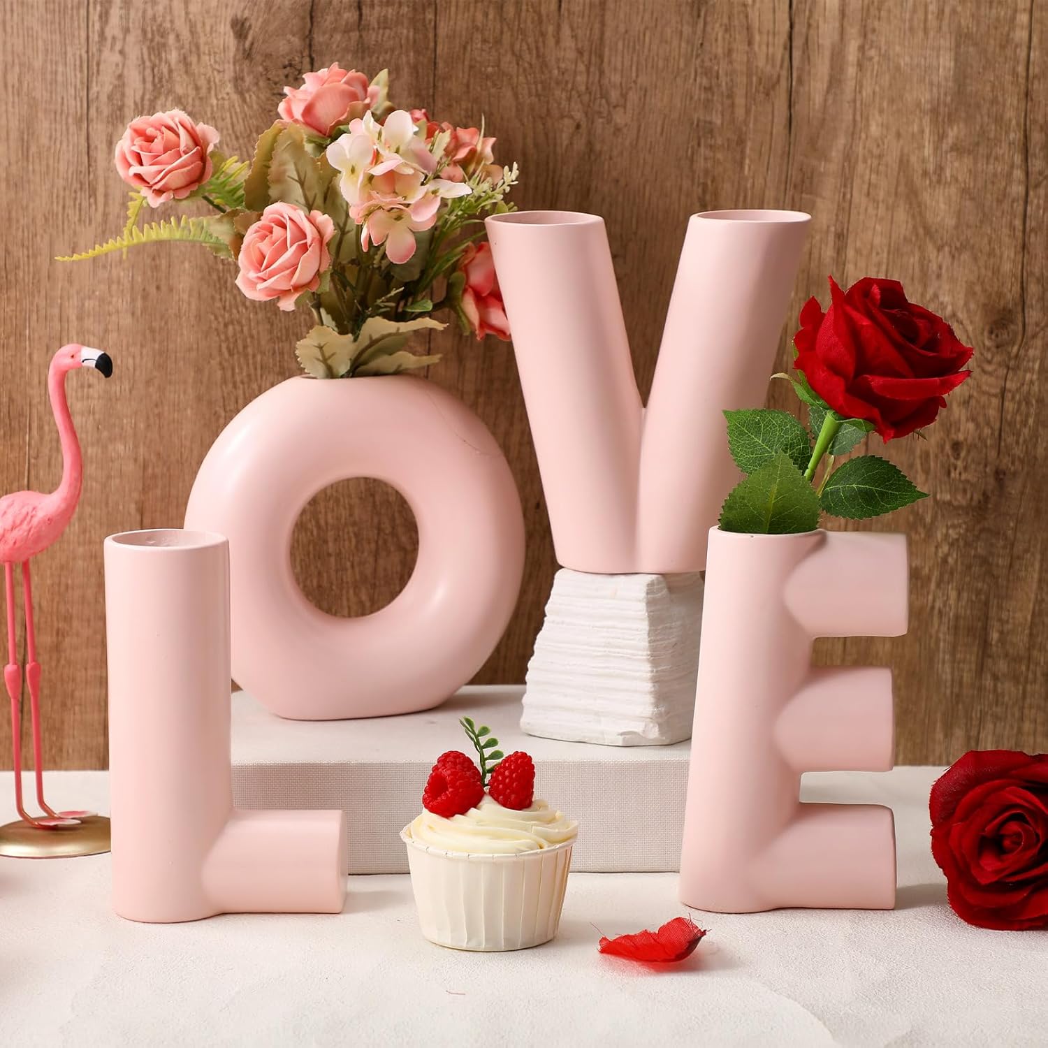 4 Pcs Valentines Love Vases Set Valentine's Day Decoration for Home Pink Love Shaped Resin Vase Small Pink Heart Flower Vases Gift Trendy Centerpiece for Wedding Party Modern Room Farmhouse