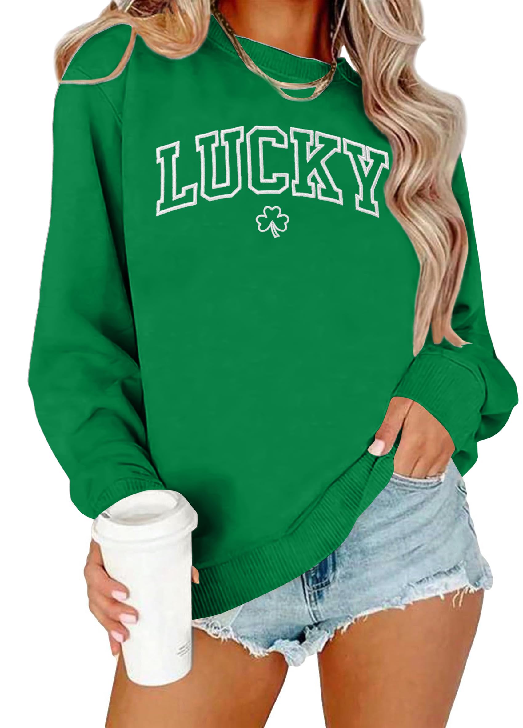 VVNTY St. Patrick's Day Sweatshirt for Women: Embroidered Lucky Shamrock Graphic Tee Shirts Paddy's Day Pullover Tops