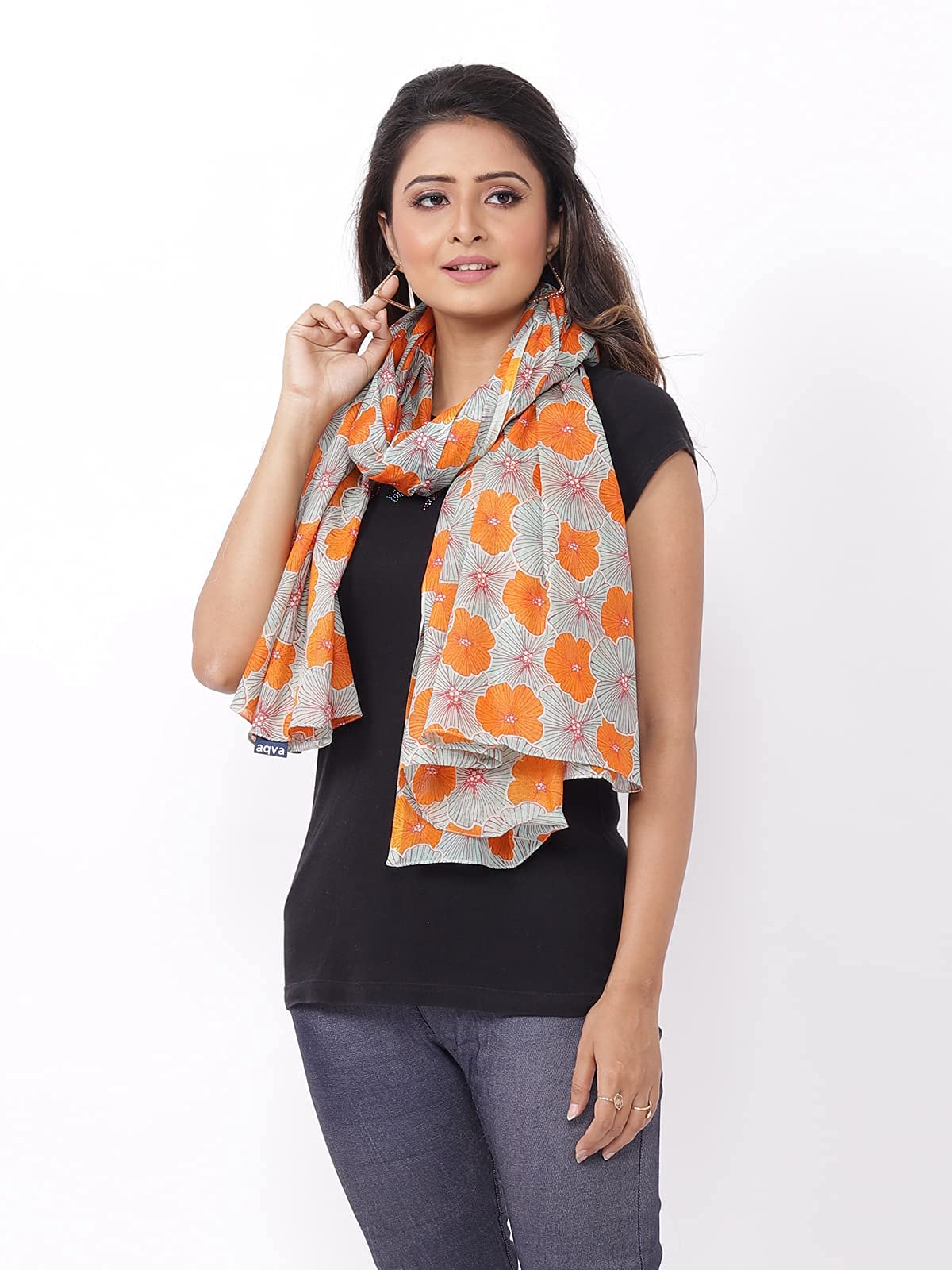 AQVA Printed Cotton Scarf for Women Stylish (Baghiya Aquamarine Orange) | Head and Face Cover Scarf for Girls with Cotton | Soft & Lightweight Scarves/Stoles for all Weather (72 x 43 in) 3