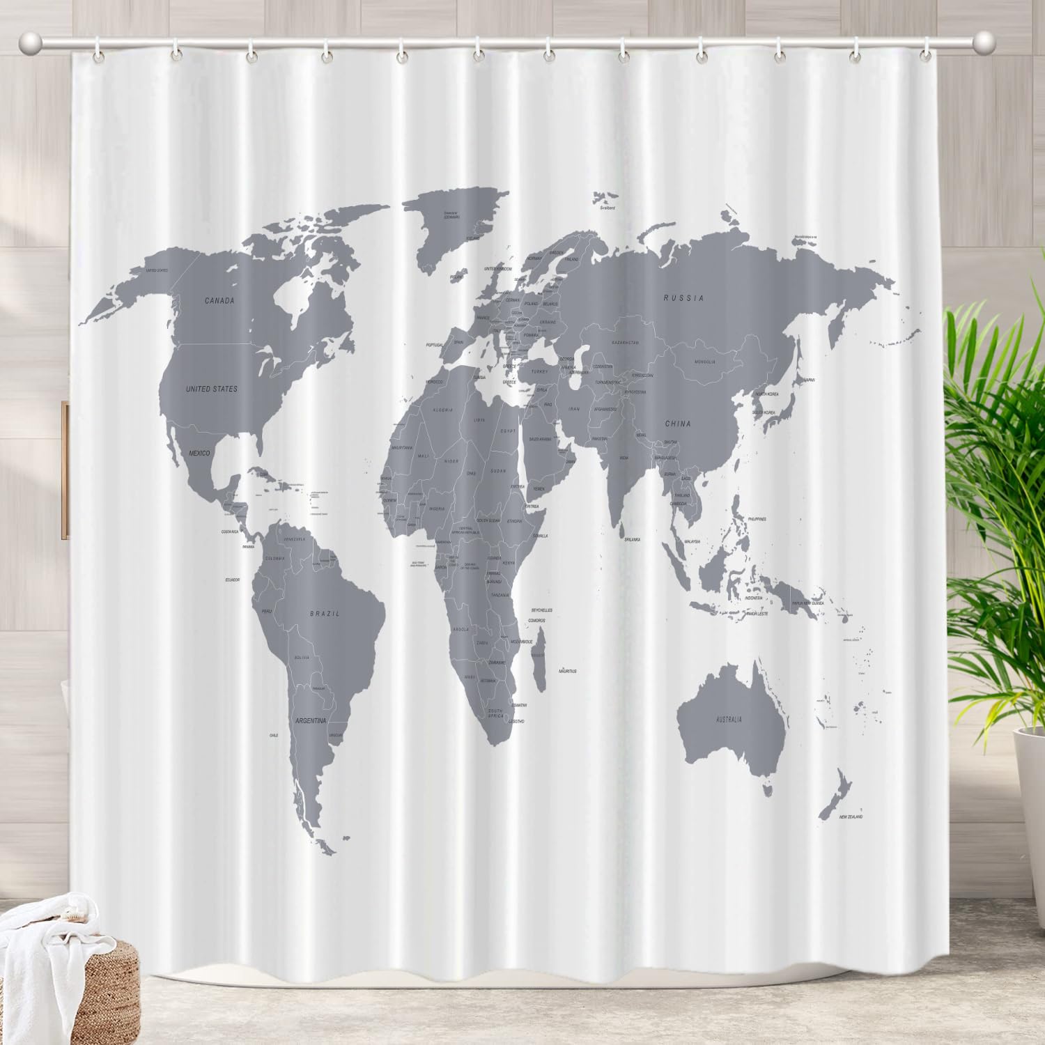 Rideau de douche carte du monde vintage gris 180x180 cm en polyester imperméable avec anneaux