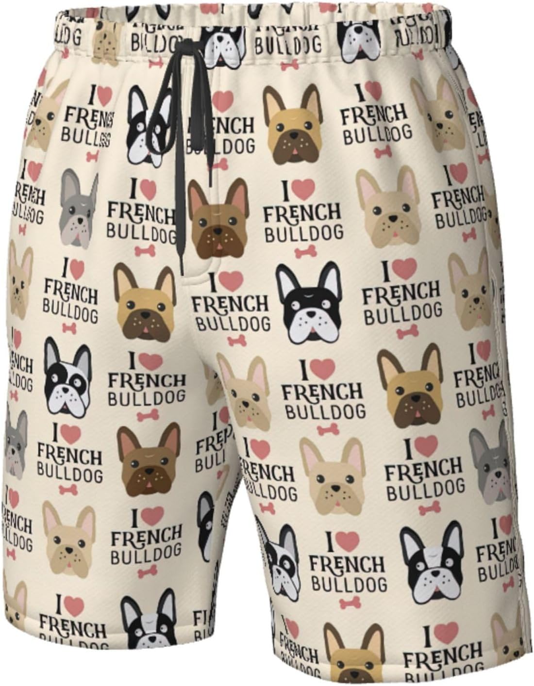 French Dog Print Mens Casual Shorts Drawstring Summer Beach Stretch Shorts Novelty Swimtrunks