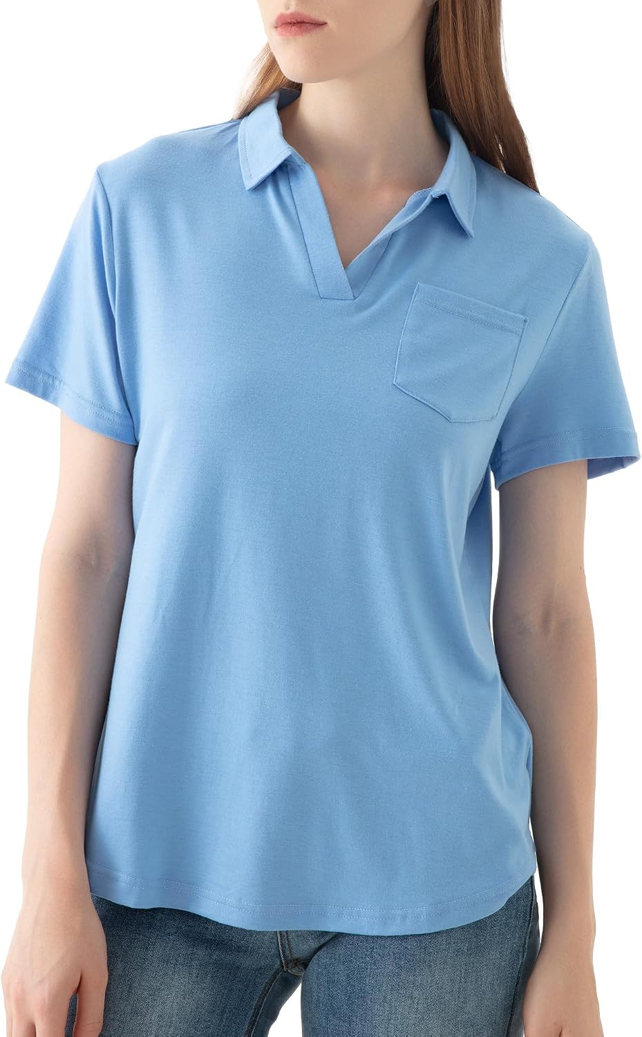 Women's V-Neck Ruffle Design Polo Shirts Short Sleeve Collared Loose Casual Tunic Blouses with Pocket
