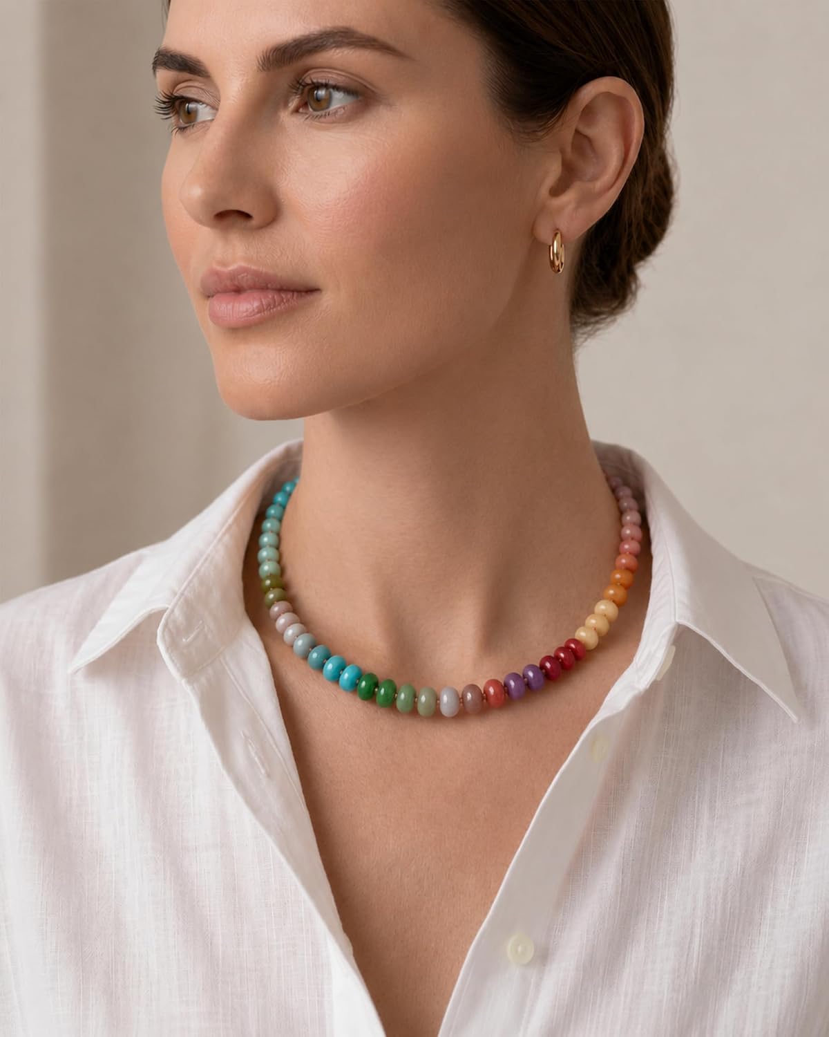 AMOREA Colorful Natural Gemstone Choker Necklace for Women, 5x8mm Genuine Stone Beads, Gold Accent Collarbone Necklace, Summer Vacation Jewelry