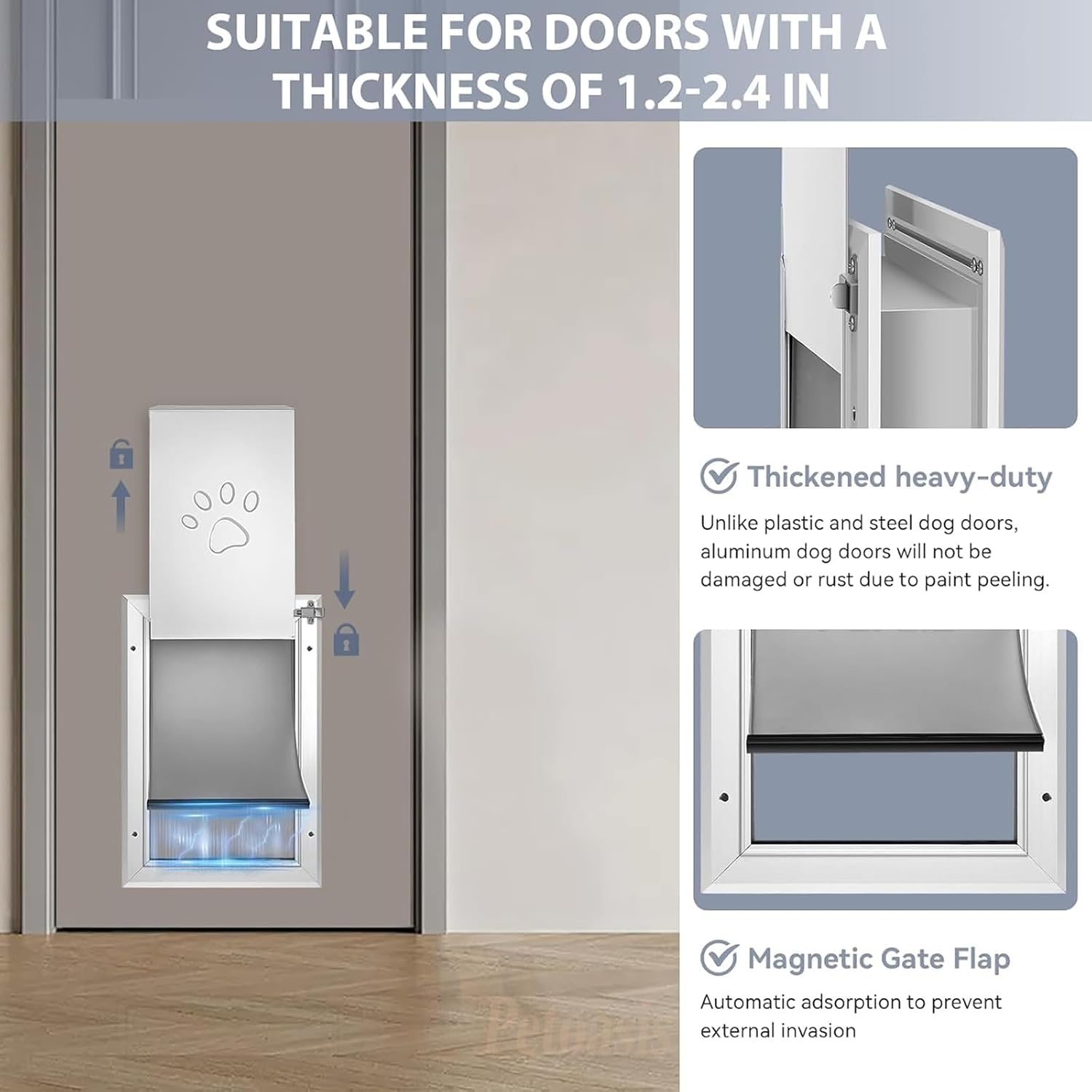 [Petoasis] 3-Flaps Heavy-Duty Dog Door, Rust Proof Aluminum Alloy Frame, Extreme Weather Dog Door Can Block Wind, Snow, and Rainwater Intrusion (Silvery White, XL for Door)