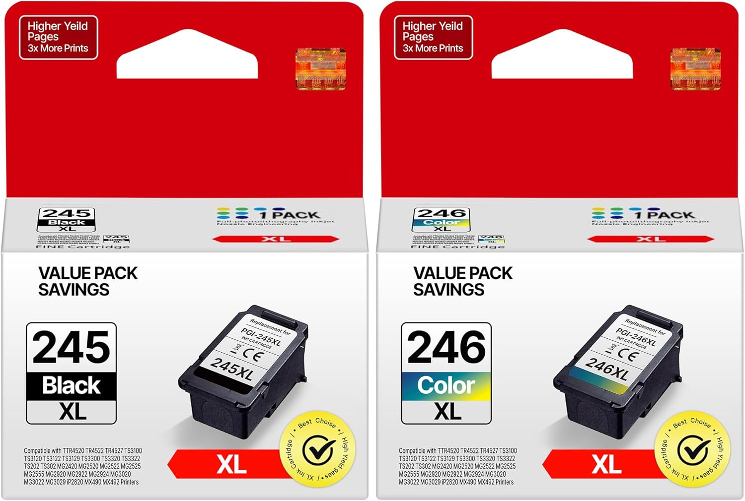 245XL Ink Cartridge Replacement for Canon 245XL 246XL Combo Pack High Capacity for Canon Ink 245 and 246, Work with Pixma MX490 MX492 MG2522 TR4520 MG3022 MG2520 TS3100 TS3122 TS3300 (Black,Color)