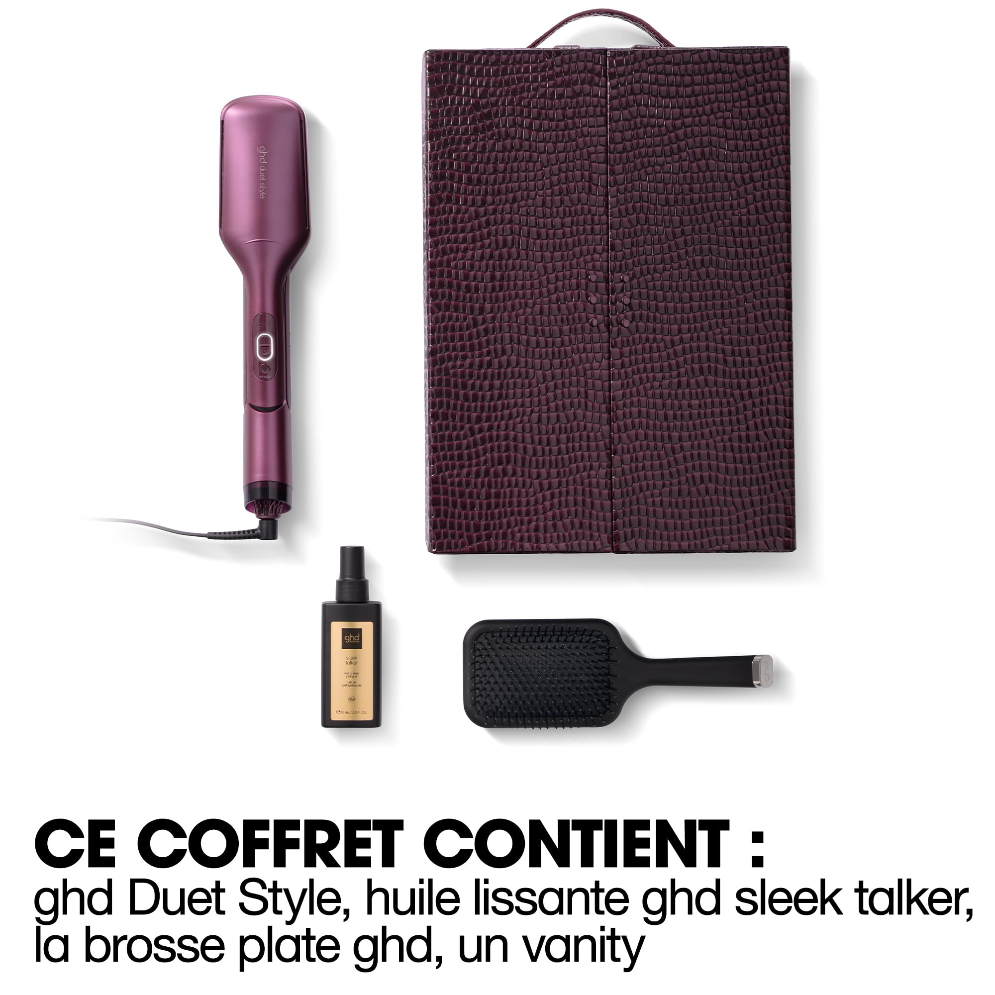 ghd - Coffret Lisseur séchant 2-en-1 ghd Duet Style (Bordeaux) - Huile lissante, Brosse et vanity inclus - Sèche et lisse en simultané sans dommage ni frisottis - S'utilise sur cheveux mouillés/secs