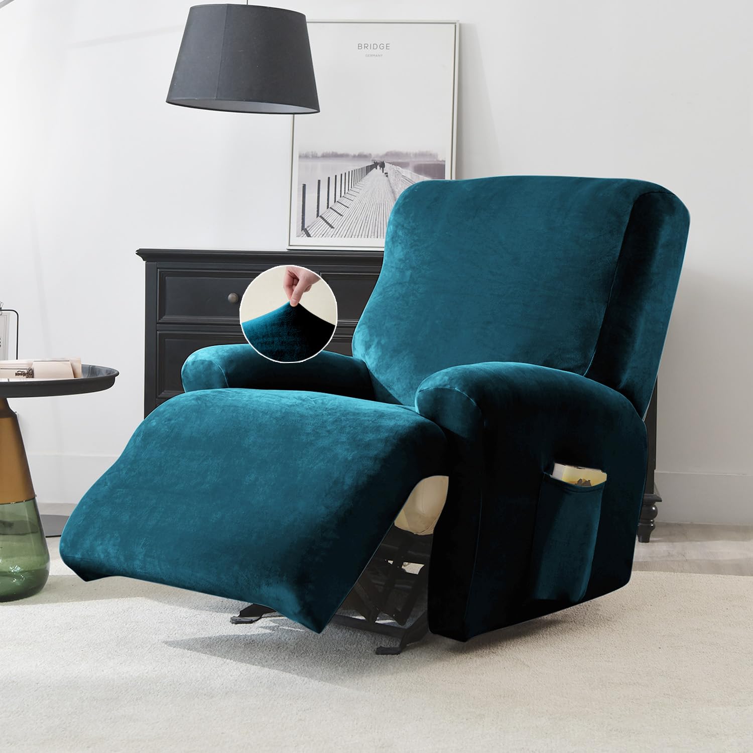 HOKIPO 200 GSM Premium Velvet 4-Pieces Stretchable Recliner Chair Cover 1 Seater Fully Covered Washable Furniture Protector, Peacock Blue (AR-4907-PBL...