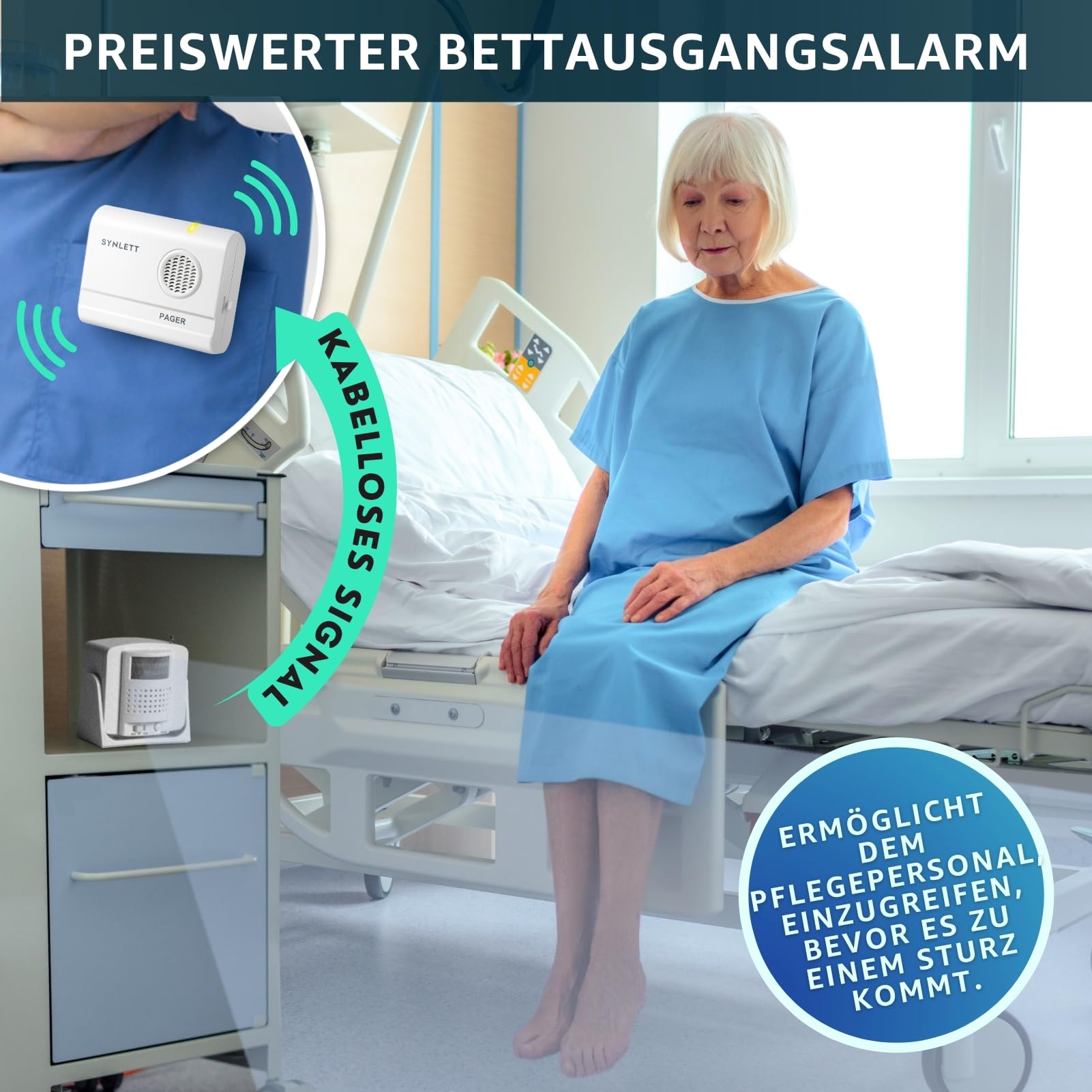 Pflege-Pager mit 2 Bewegungssensoren, kabelloser Bettalarm | Pflege-Rufsystem für Senioren, Patienten und Demenzbetreuung mit zuverlässiger Bewegungs- und Bettüberwachung