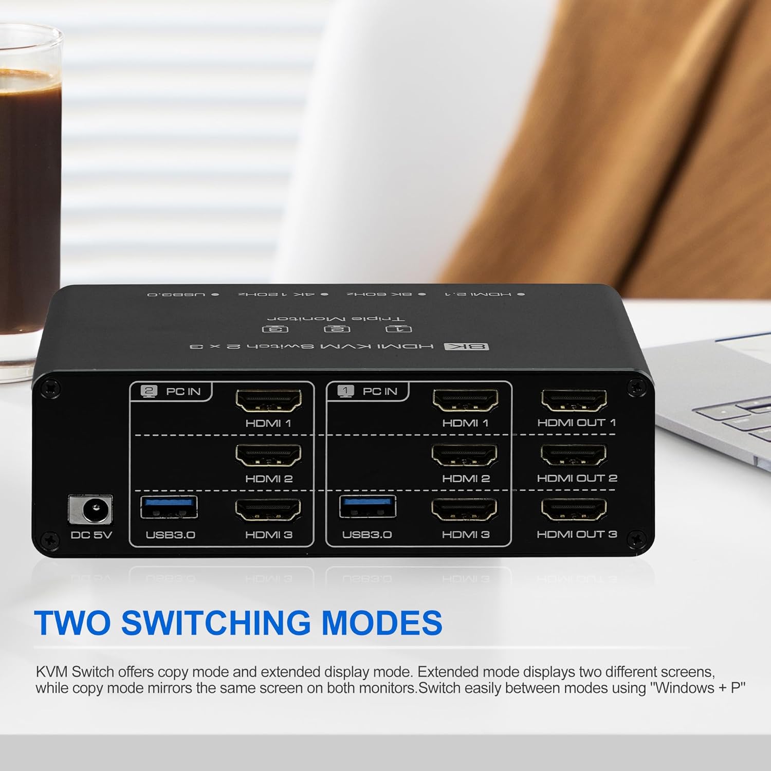 4K@120Hz HDMI KVM Switch 3 Monitors 2 Computer, 8K@60Hz Dual Mode KVM Switcher Displayport with 4 USB 3.0 Ports & Wired Remote Control for Sharing Keyboard Mouse Hard Drives Printer, Plug and Play